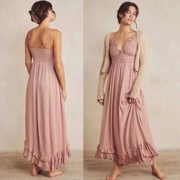 Free People Adella Pink Lace flowy crinkle linen Cottagecore Y2K Maxi Dress - Picture 3 of 16